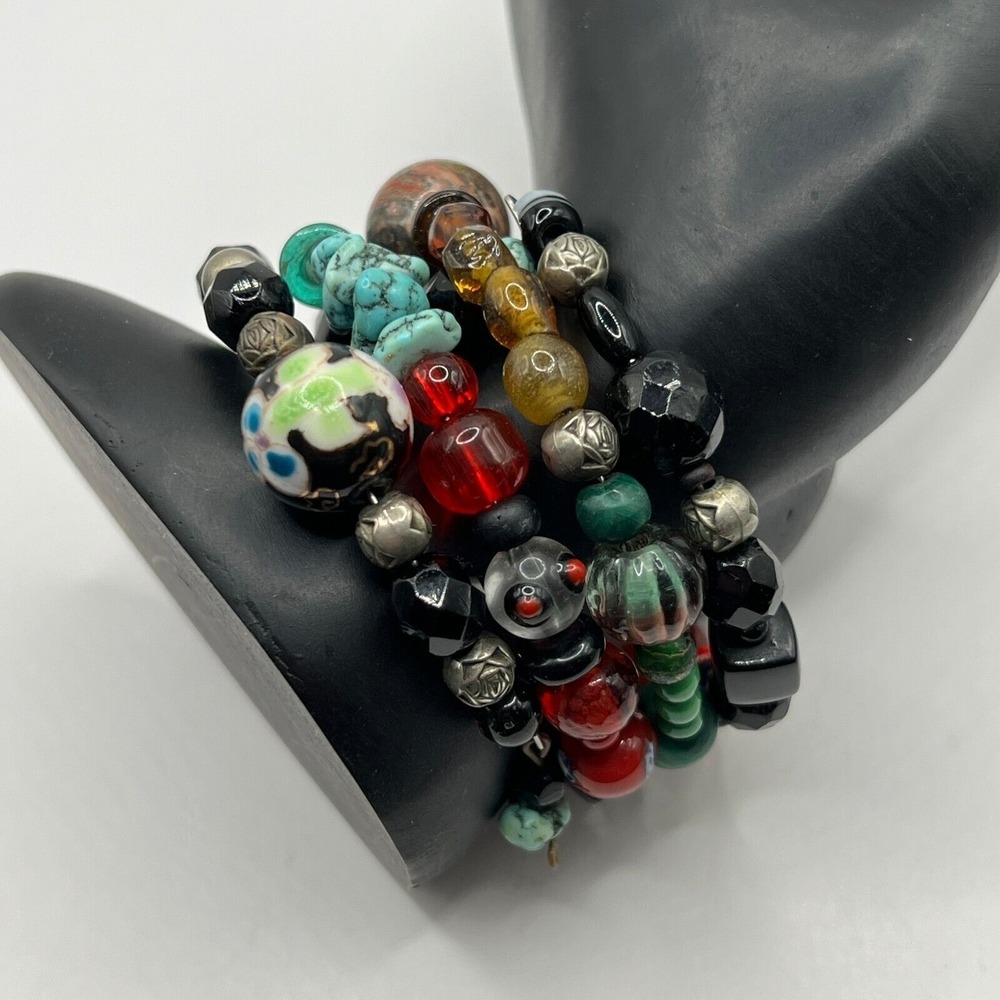 Wire Wrap Bracelet Stone and‎ Glass Black Brown Orange Beads